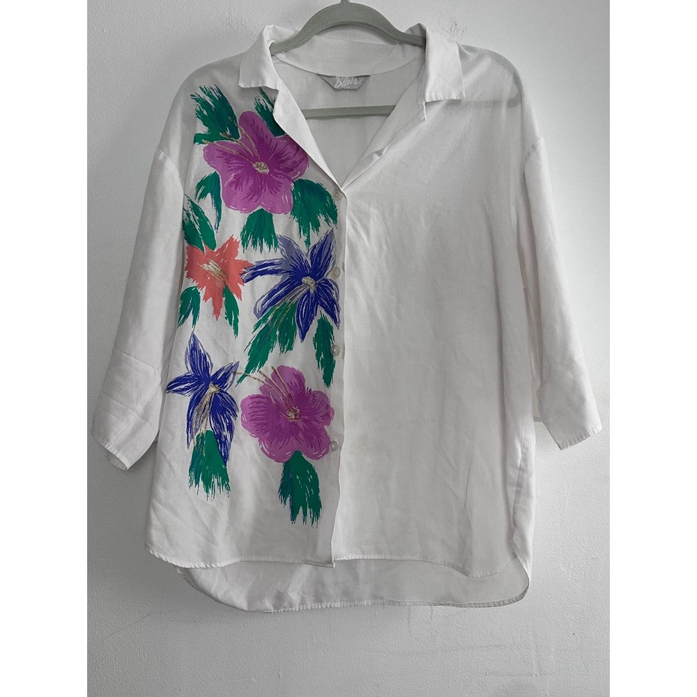 Vintage 80s Artsy Hibiscus Button Down Shirt Tropical Coverup Retro Breezy Funky